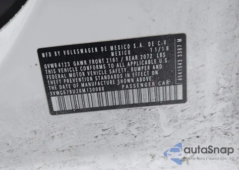 2019 Volkswagen Jetta 1.4T R-Line/1.4T S/1.4T Se from USA, damaged, VIN 3VWC57BU2KM130088